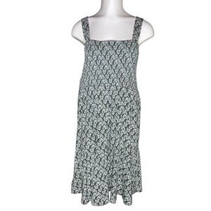 LOFT Army Green and White Floral smocked tiered dress sz L